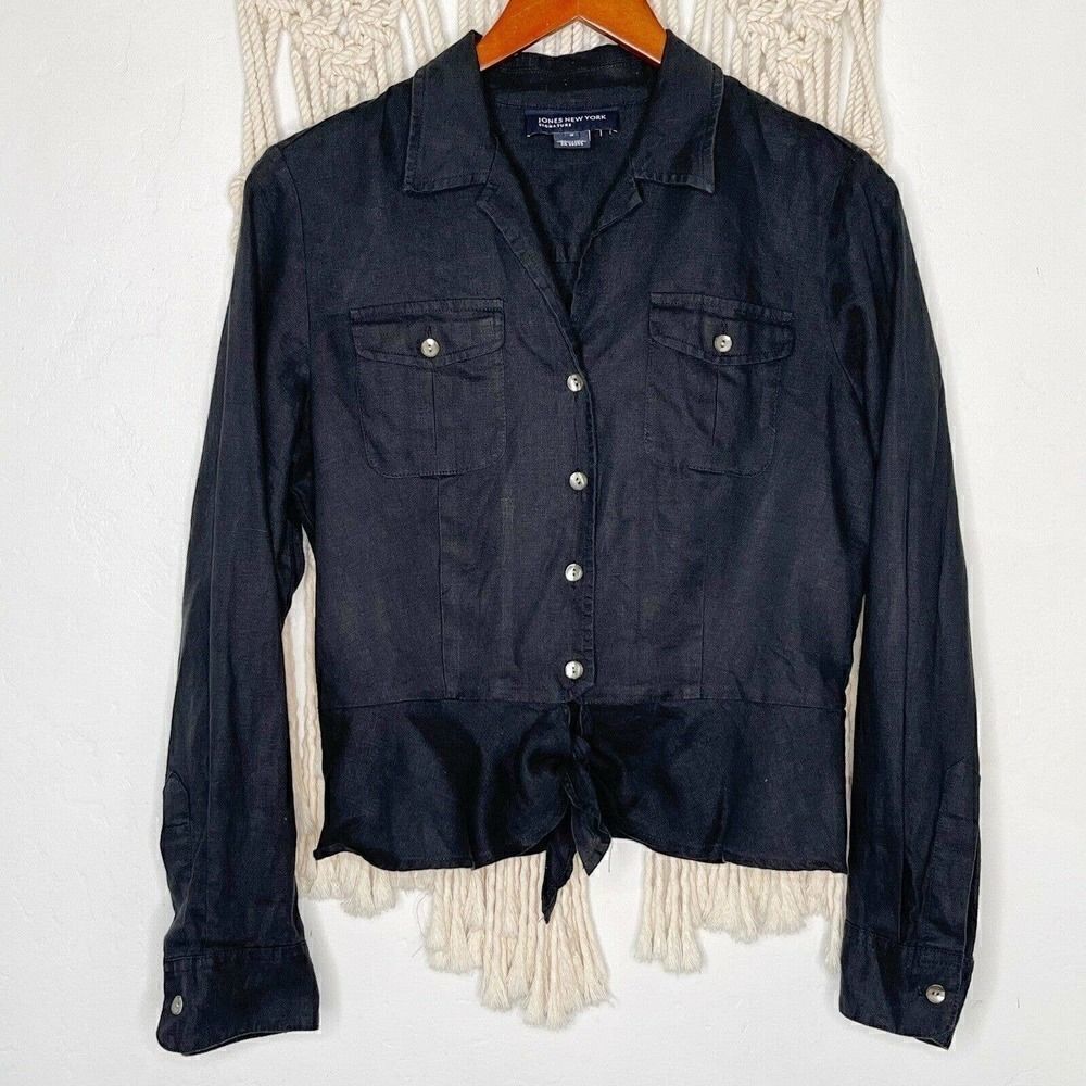 Jones NY Top SZ SM 100% Linen Long Sleeve Button Down Minimalist Sustainable